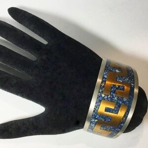 Vintage Taxco, Mexico Crushed Lapis, Copper & Alpaca Aztec Design Cuff Bracelet